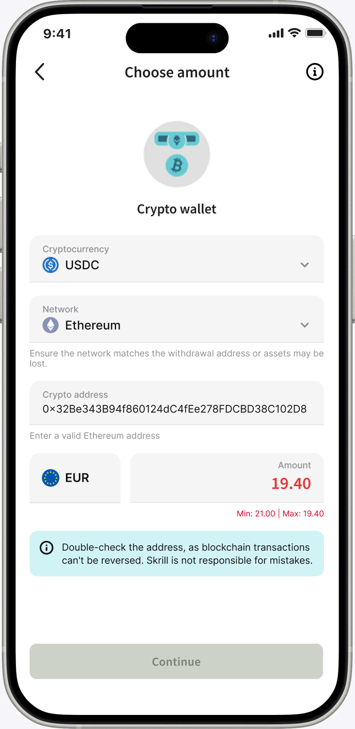 iPhone mockup of the Skrill “Choose amount” withdrawal form in an error state: USDC on Ethereum, an invalid crypto address and an amount of 19.40 in red against “Min: 21.00 | Max: 19.40”, with Continue disabled.