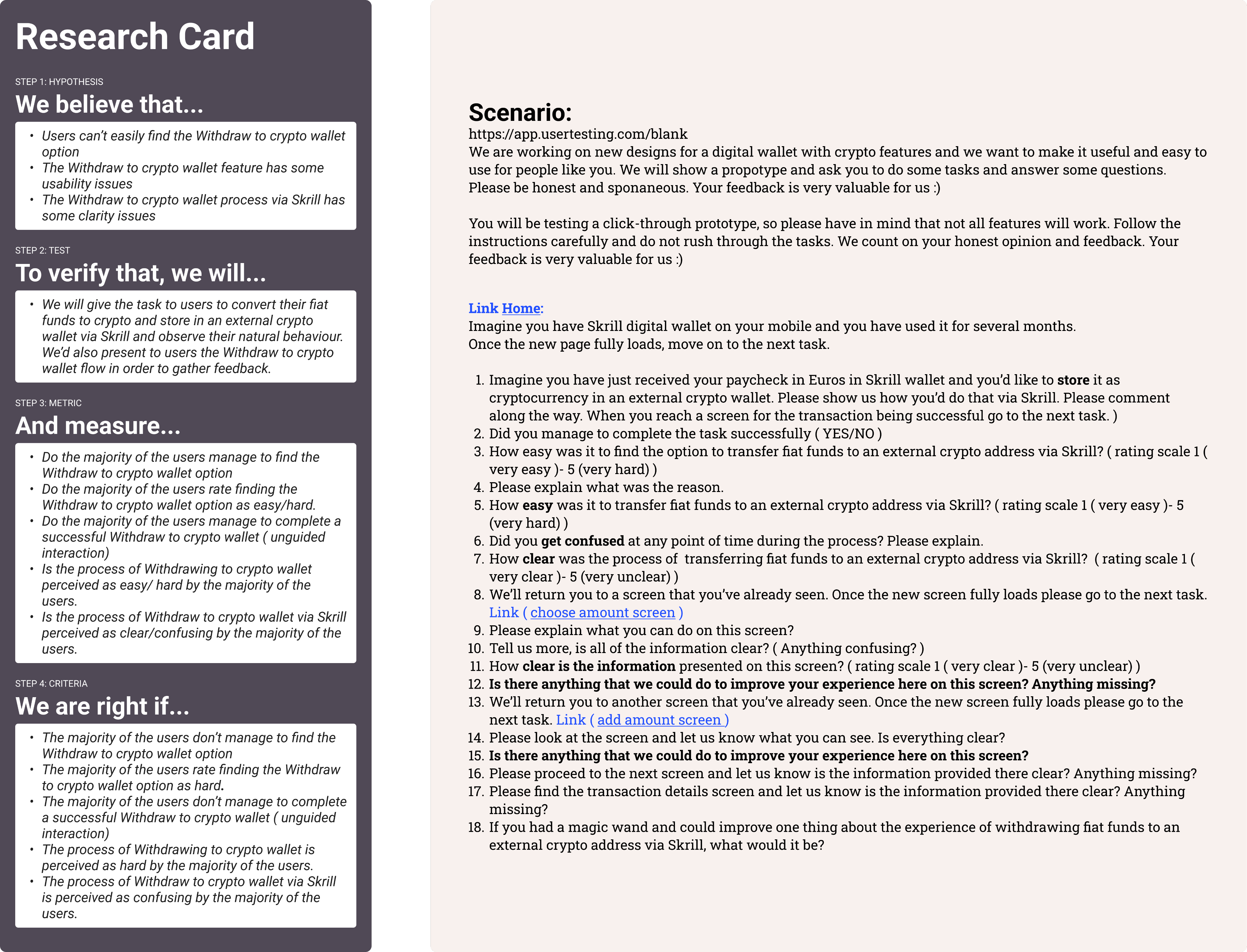The research card and the test script side by side: four steps of hypothesis, test, metric and criteria next to an 18-question unmoderated script.