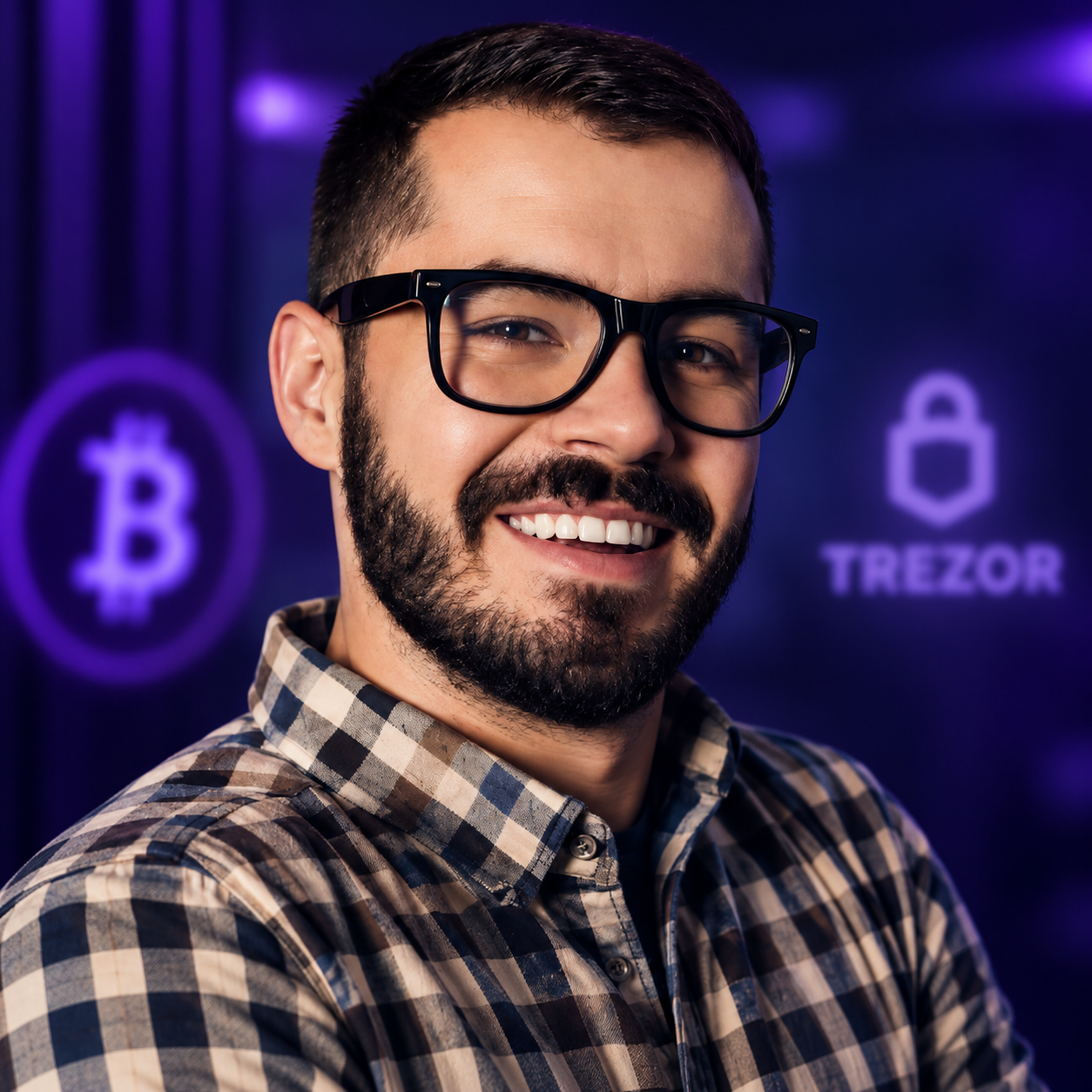 Circular photo of a bearded man in glasses and a check shirt, with a Bitcoin logo and padlock graphic behind him